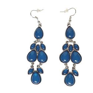 Teardrop Chandelier Dangle Earrings Blue Silver Tone Retro